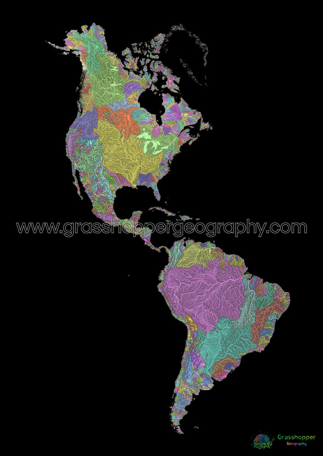 Las Américas - Mapa de la cuenca fluvial, pastel sobre negro - Impresión de Bellas Artes