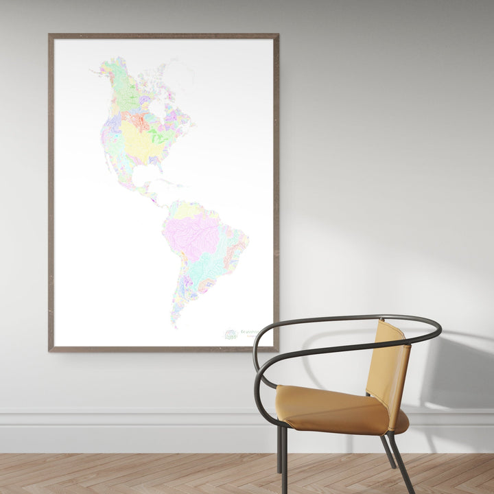 River basin map of the Americas, pastel colours on white - Fine Art Print