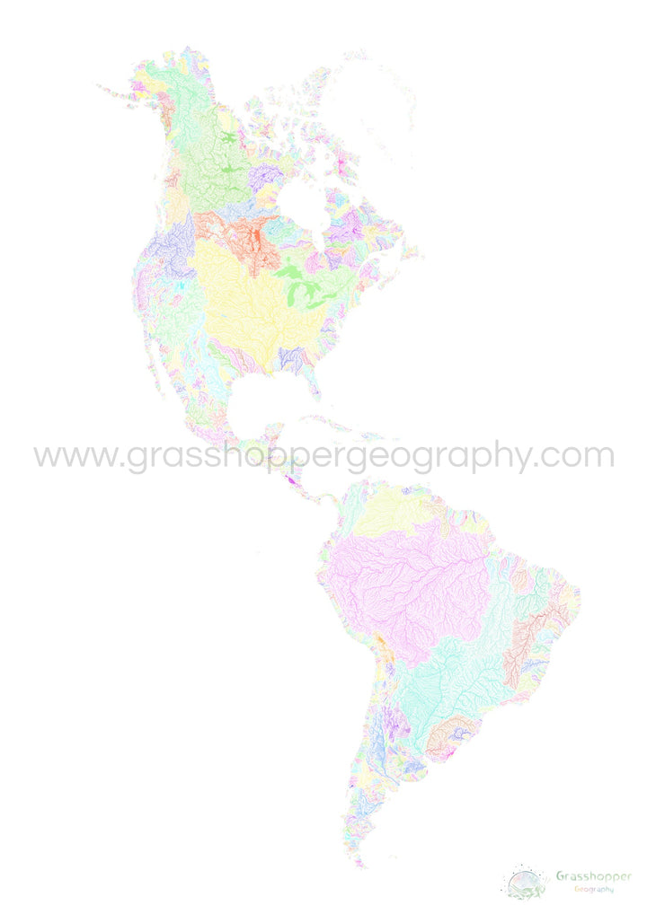 River basin map of the Americas, pastel colours on white - Fine Art Print