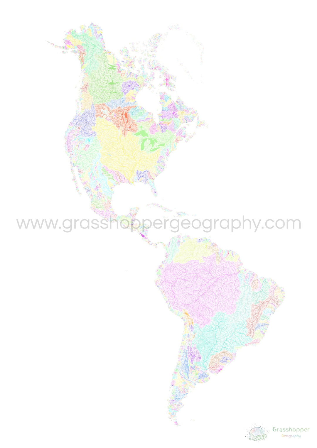 Les Amériques - Carte des bassins fluviaux, pastel sur blanc - Fine Art Print