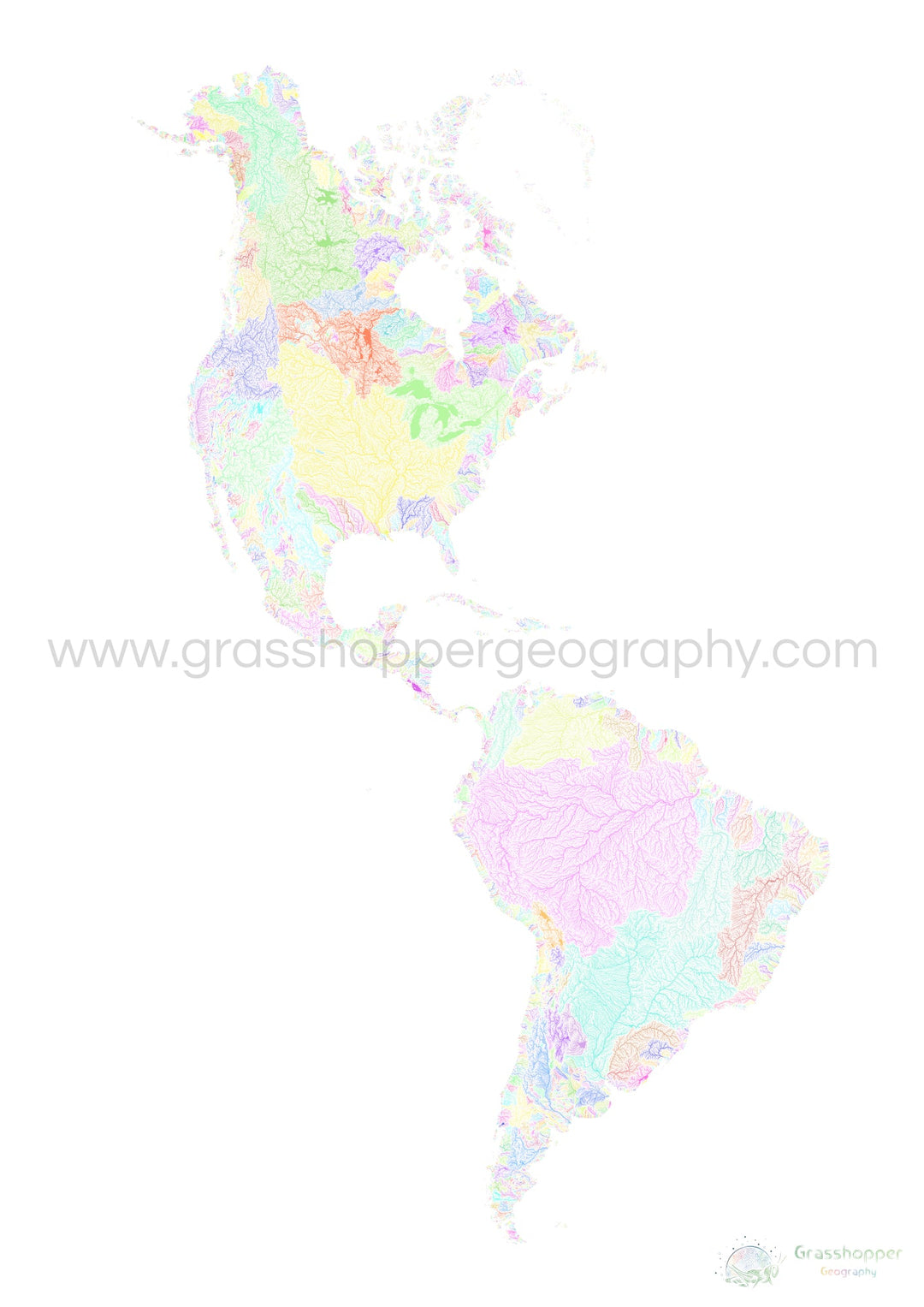 Américas - Mapa da bacia hidrográfica, pastel sobre branco - Impressão de belas artes