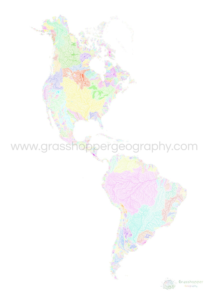 Américas - Mapa da bacia hidrográfica, pastel sobre branco - Impressão de belas artes
