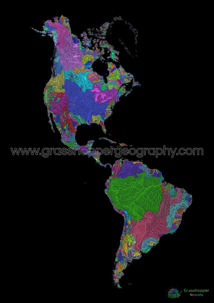 River basin map of the Americas, rainbow colours on black - Fine Art Print