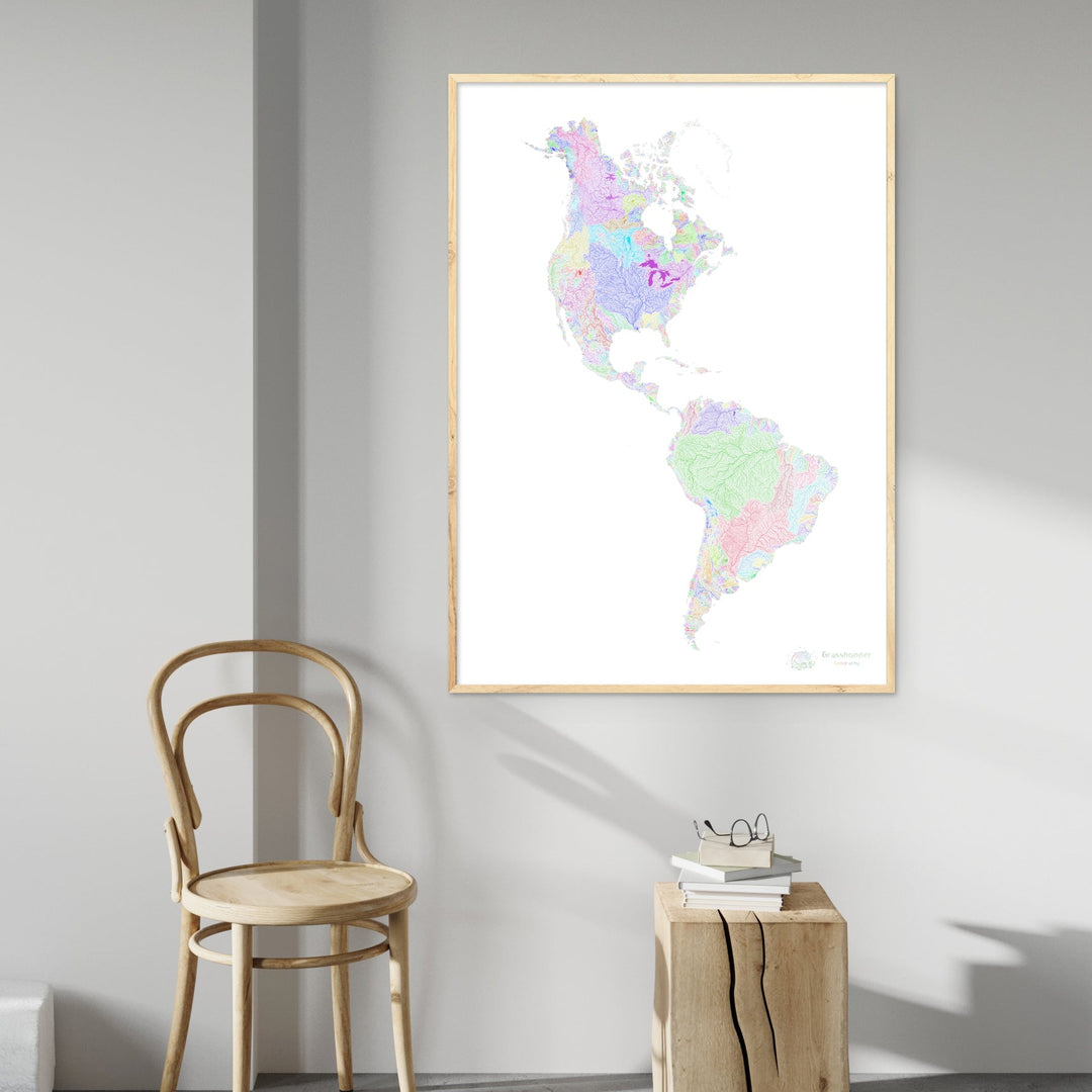 Las Américas - Mapa de cuencas fluviales, arco iris sobre blanco - Impresión de Bellas Artes