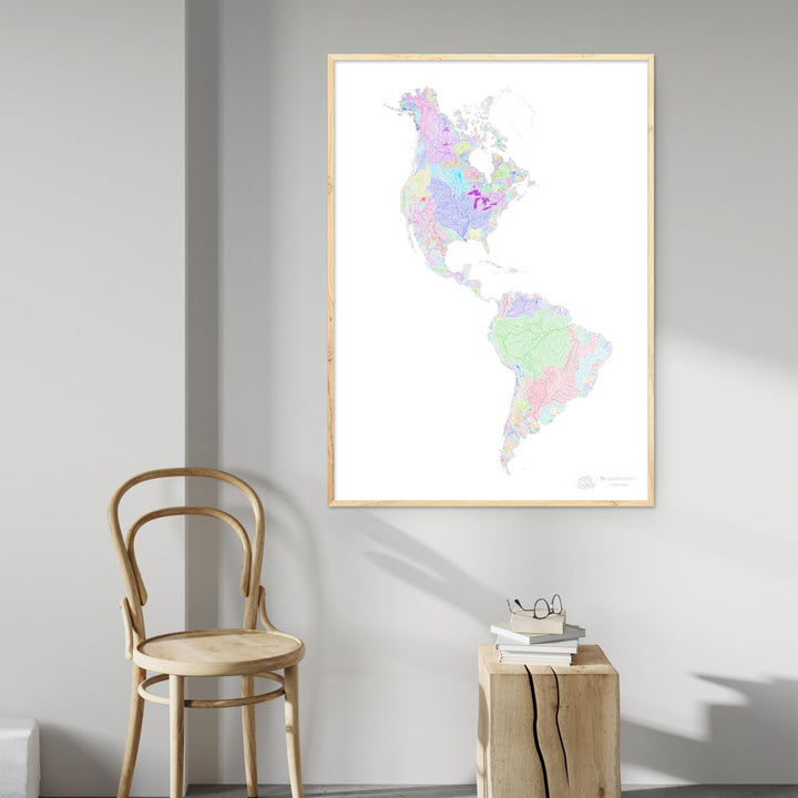 Les Amériques - Carte des bassins fluviaux, arc-en-ciel sur blanc - Fine Art Print