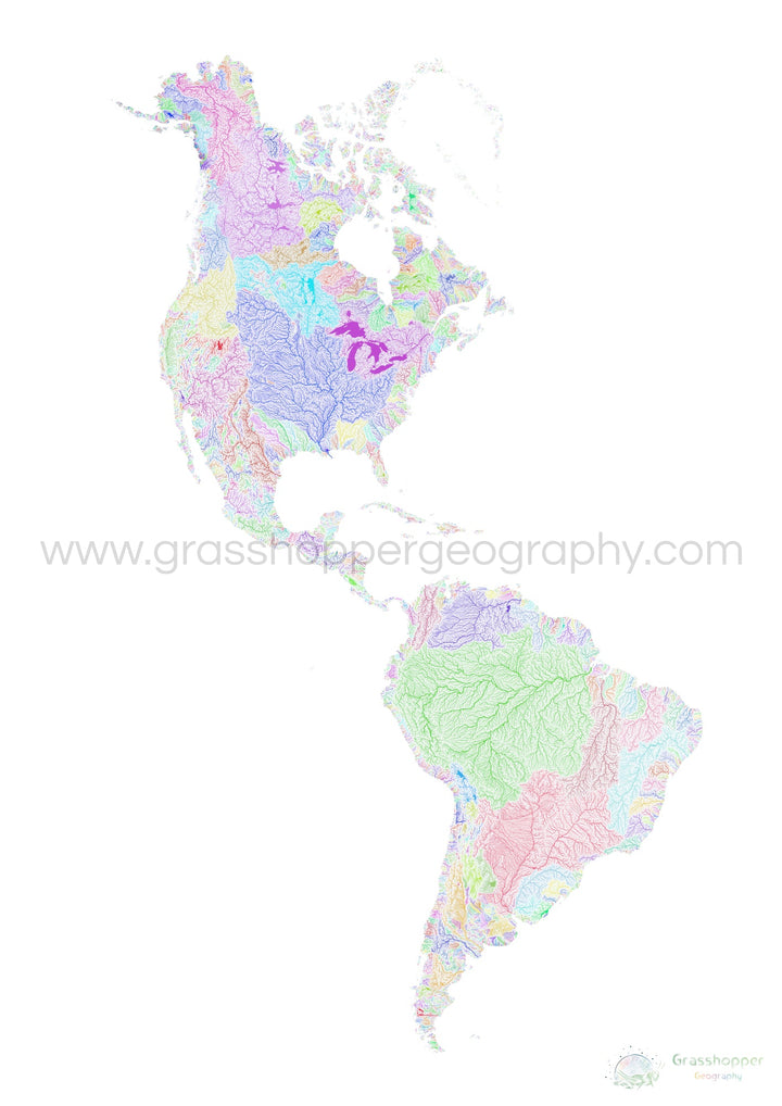 Las Américas - Mapa de cuencas fluviales, arco iris sobre blanco - Impresión de Bellas Artes