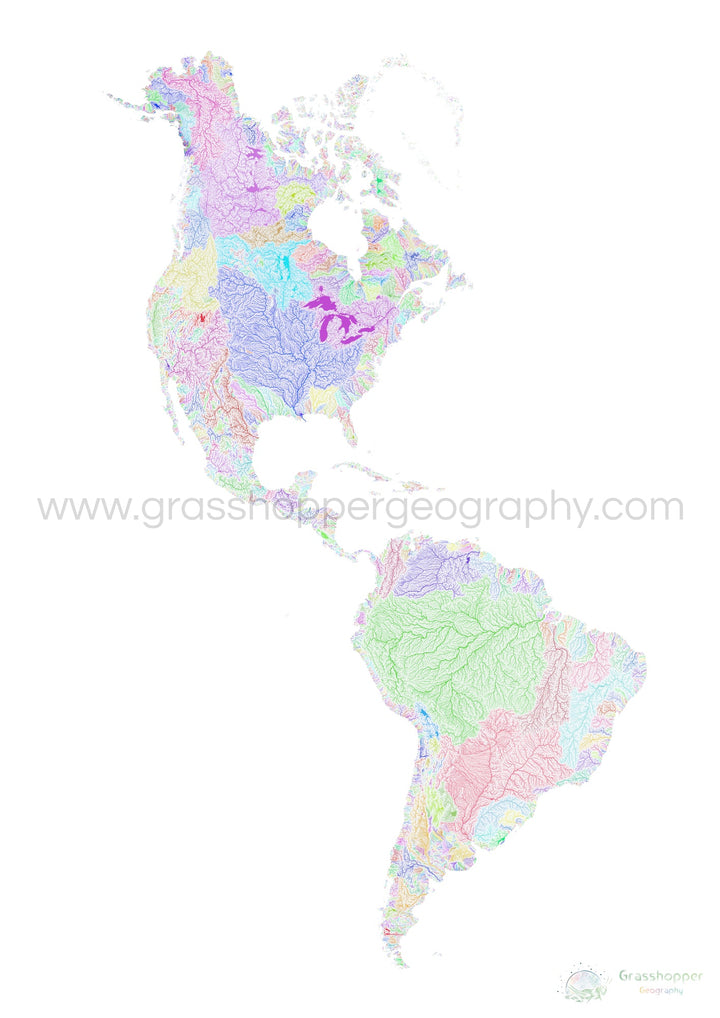 The Americas - River basin map, rainbow on white - Fine Art Print