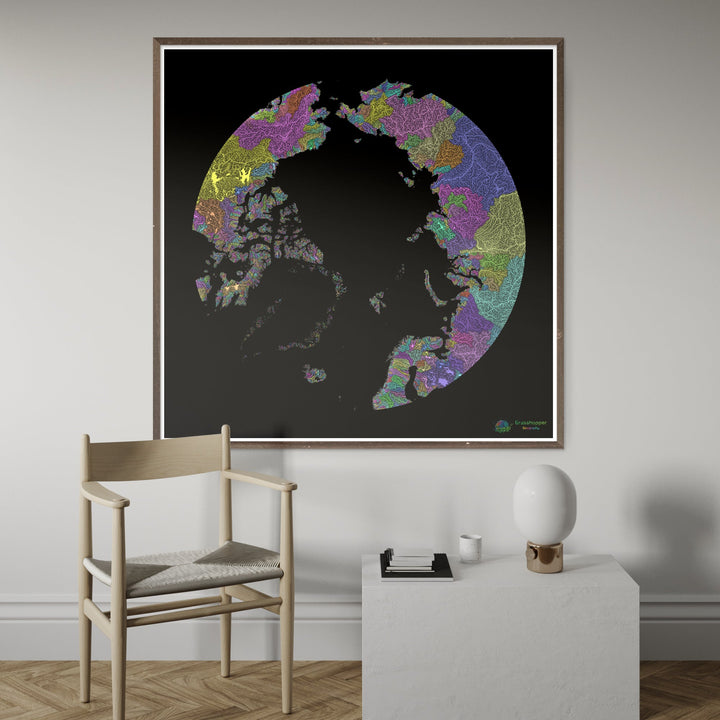 El Ártico - Mapa de la cuenca fluvial, pastel sobre negro - Impresión de bellas artes