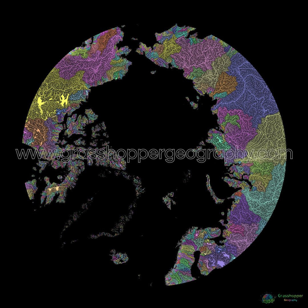 El Ártico - Mapa de la cuenca fluvial, pastel sobre negro - Impresión de bellas artes