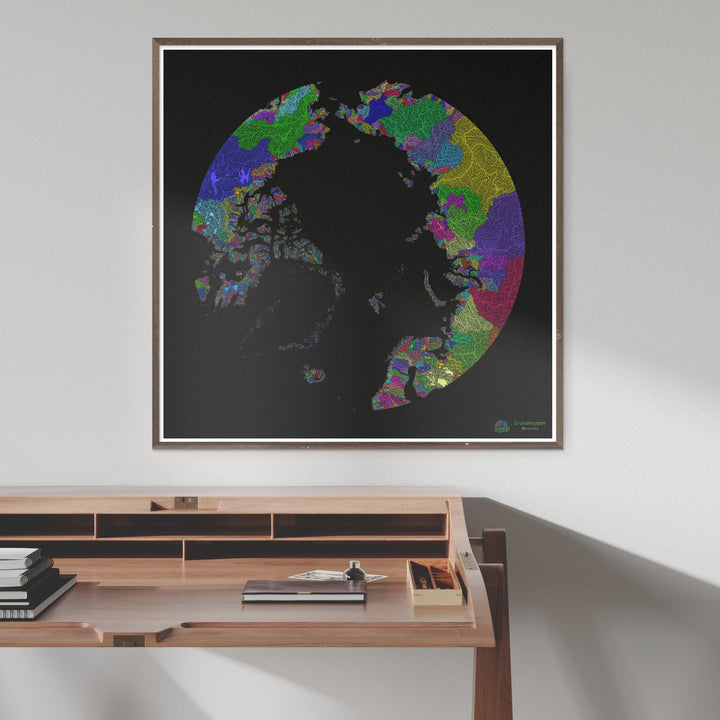 River basin map of the Arctic, rainbow colours on black - Fine Art Print