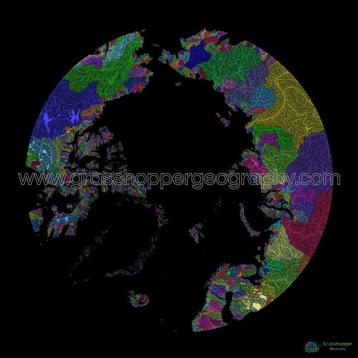 El Ártico - Mapa de la cuenca fluvial, arco iris sobre negro - Impresión de bellas artes