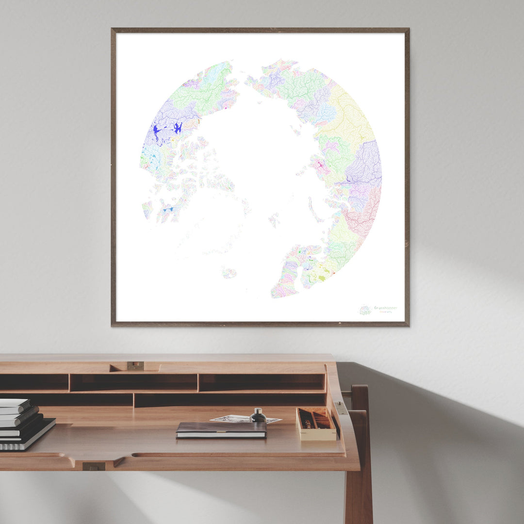 El Ártico - Mapa de la cuenca fluvial, arco iris sobre blanco - Impresión de bellas artes