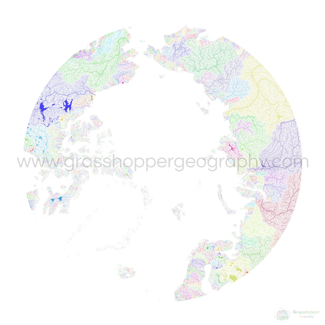 El Ártico - Mapa de la cuenca fluvial, arco iris sobre blanco - Impresión de bellas artes