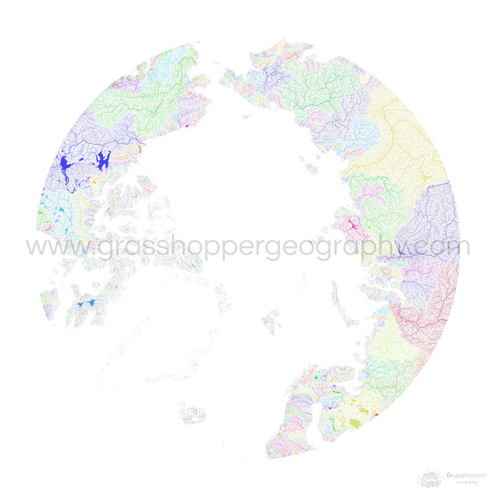 El Ártico - Mapa de la cuenca fluvial, arco iris sobre blanco - Impresión de bellas artes