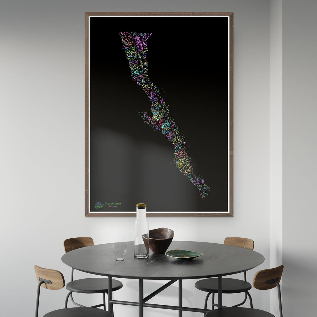 River basin map of the Baja California Peninsula, pastel colours on black - Fine Art Print