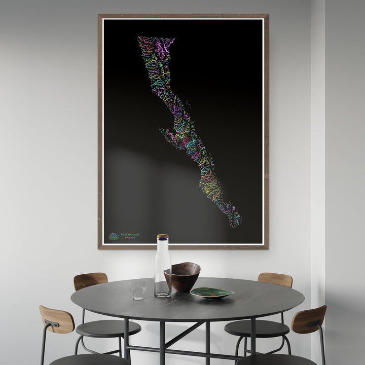 River basin map of the Baja California Peninsula, pastel colours on black - Fine Art Print
