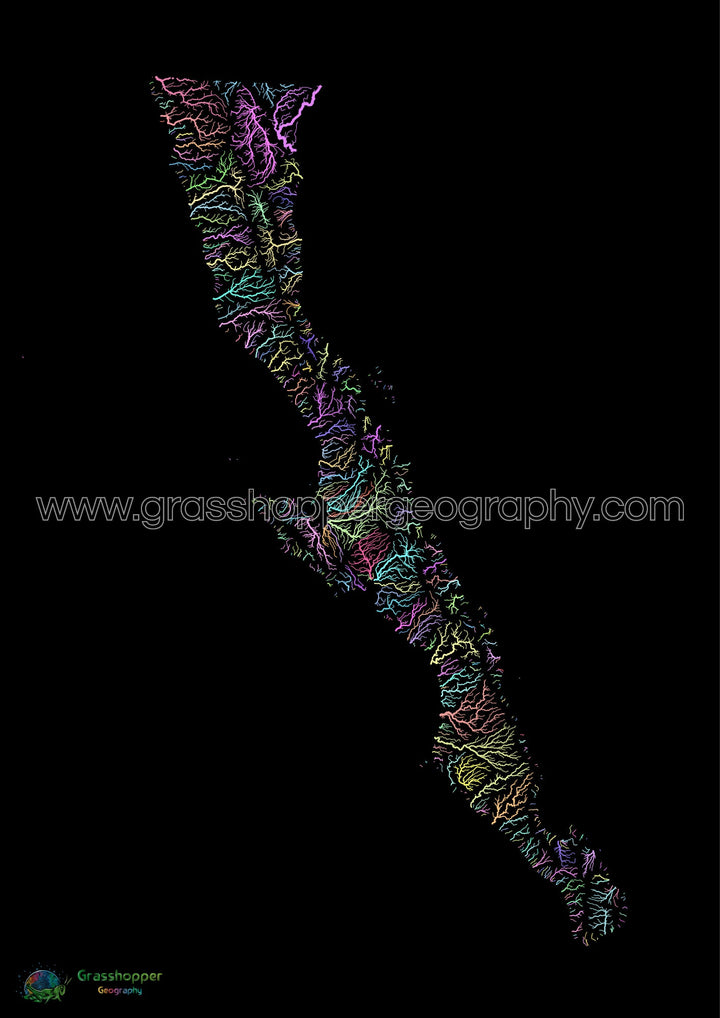 River basin map of the Baja California Peninsula, pastel colours on black - Fine Art Print