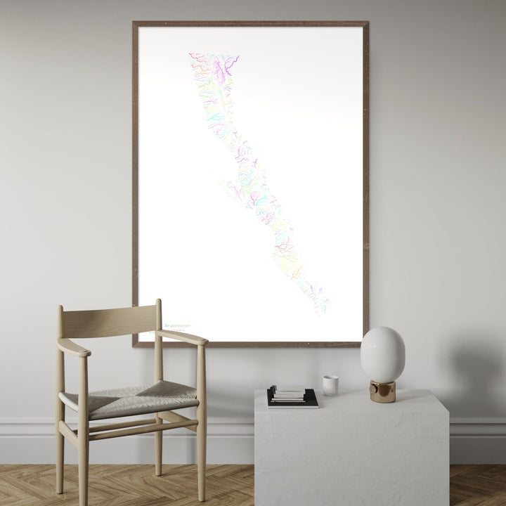 La péninsule de Basse-Californie - Carte du bassin fluvial, pastel sur blanc - Fine Art Print