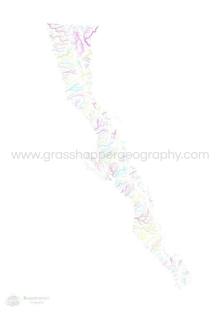 River basin map of the Baja California Peninsula, pastel colours on white - Fine Art Print
