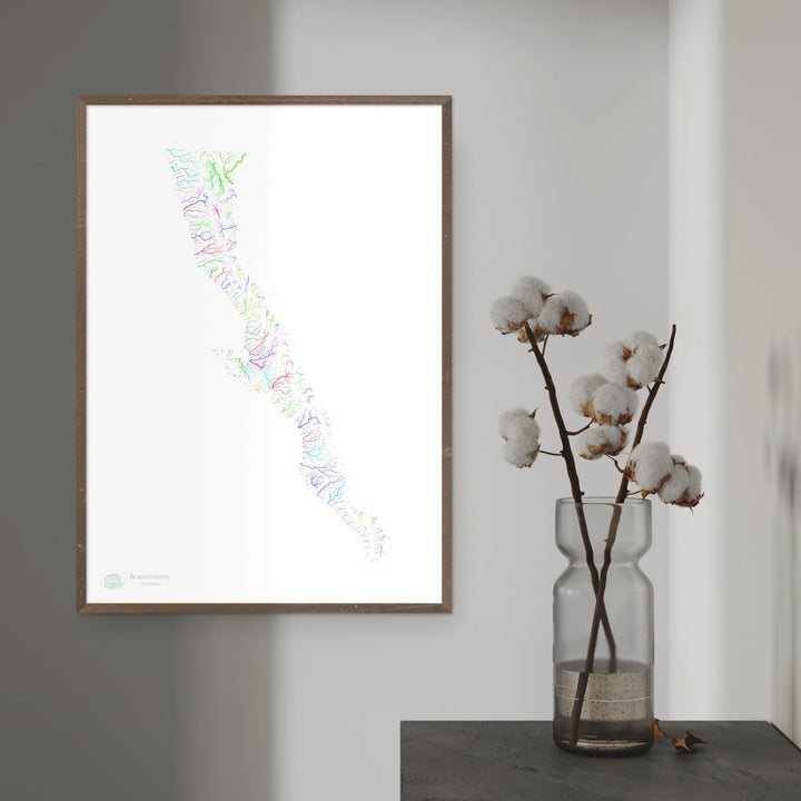 River basin map of the Baja California Peninsula, rainbow colours on white - Fine Art Print