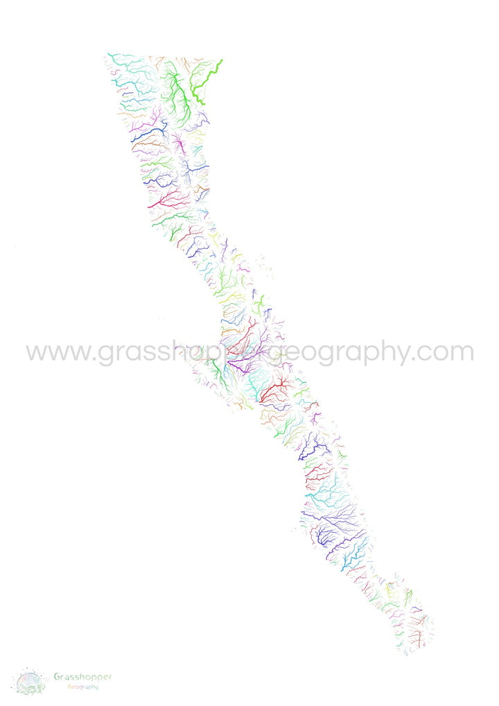 River basin map of the Baja California Peninsula, rainbow colours on white - Fine Art Print