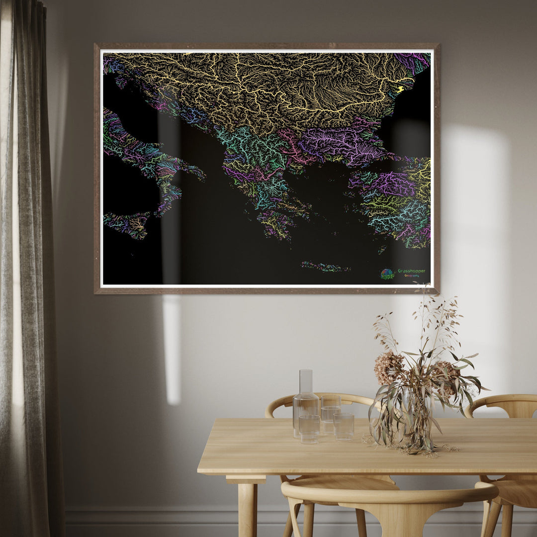 Les Balkans - Carte des bassins fluviaux, pastel sur noir - Fine Art Print