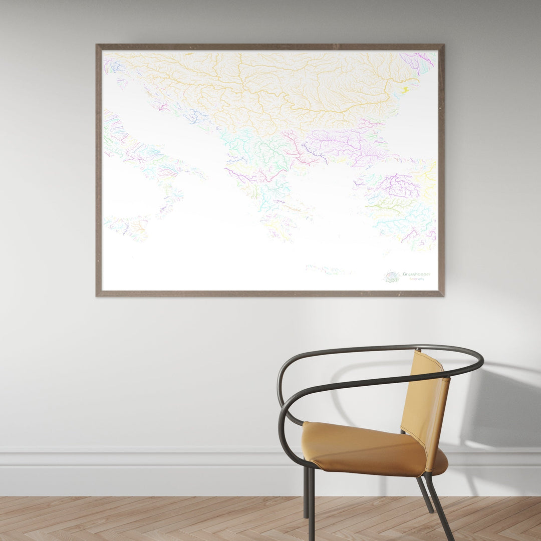 Los Balcanes - Mapa de la cuenca fluvial, pastel sobre blanco - Impresión de Bellas Artes