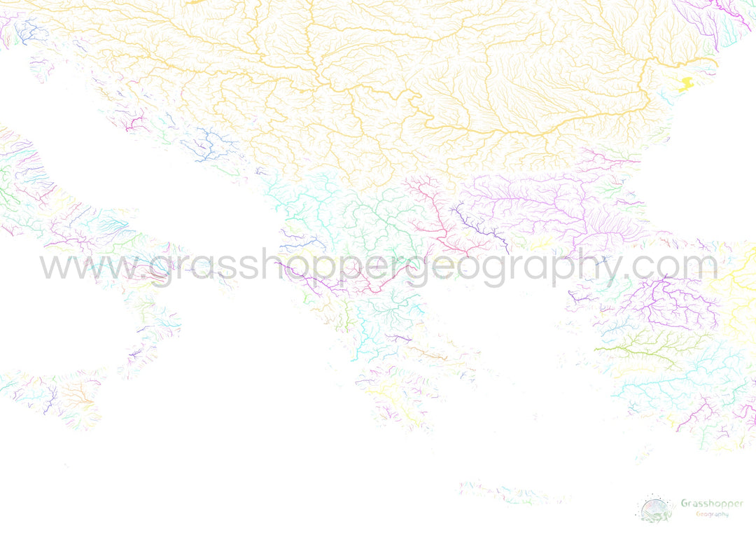 Les Balkans - Carte des bassins fluviaux, pastel sur blanc - Fine Art Print