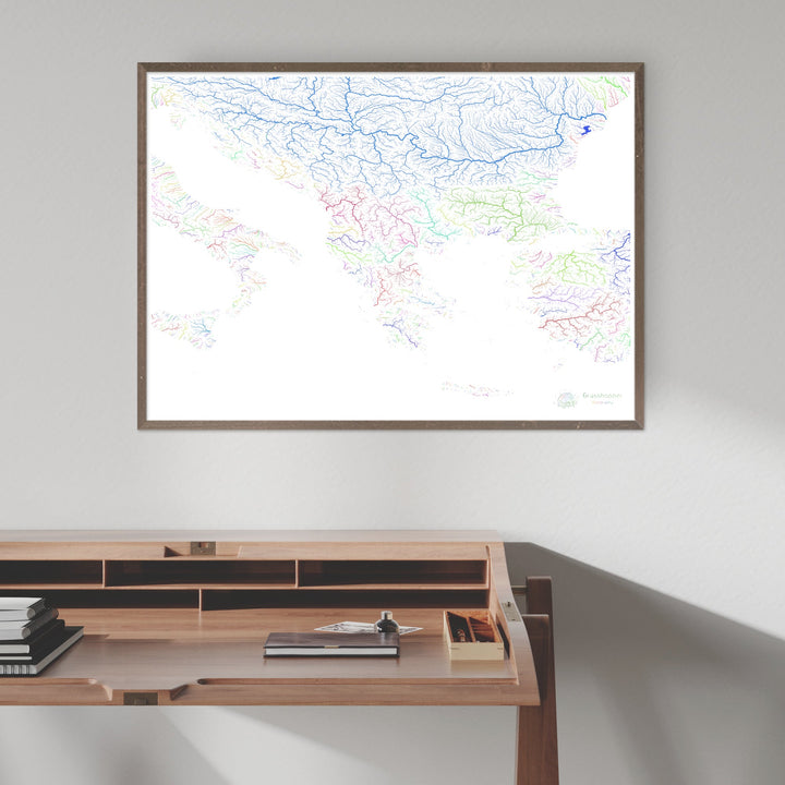 Les Balkans - Carte des bassins fluviaux, arc-en-ciel sur blanc - Fine Art Print
