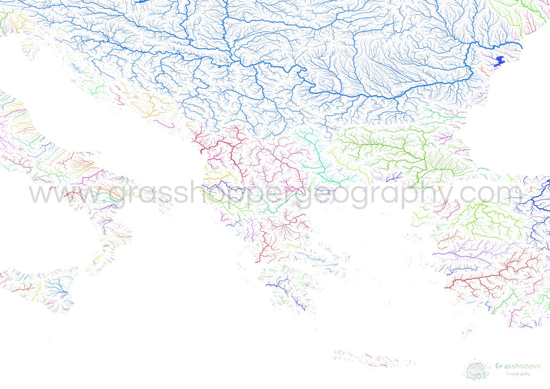 Los Balcanes - Mapa de la cuenca fluvial, arco iris sobre blanco - Impresión de Bellas Artes