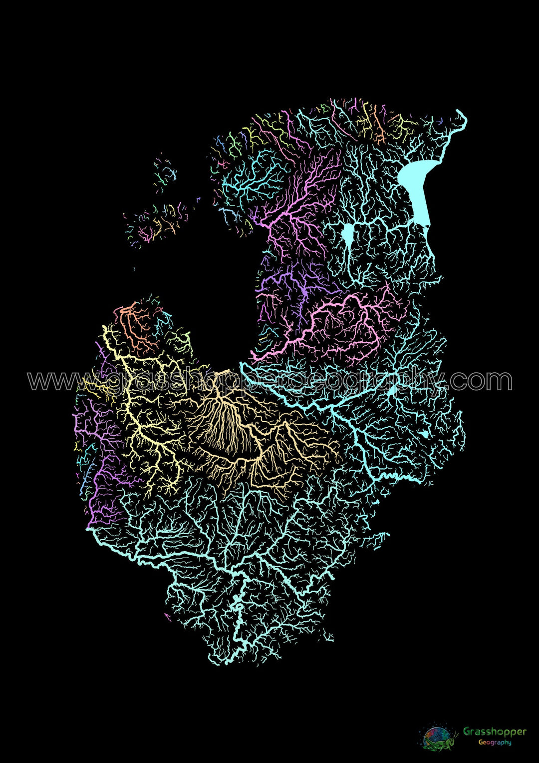 Os Estados Bálticos - Mapa da bacia hidrográfica, pastel sobre preto - Impressão de belas artes