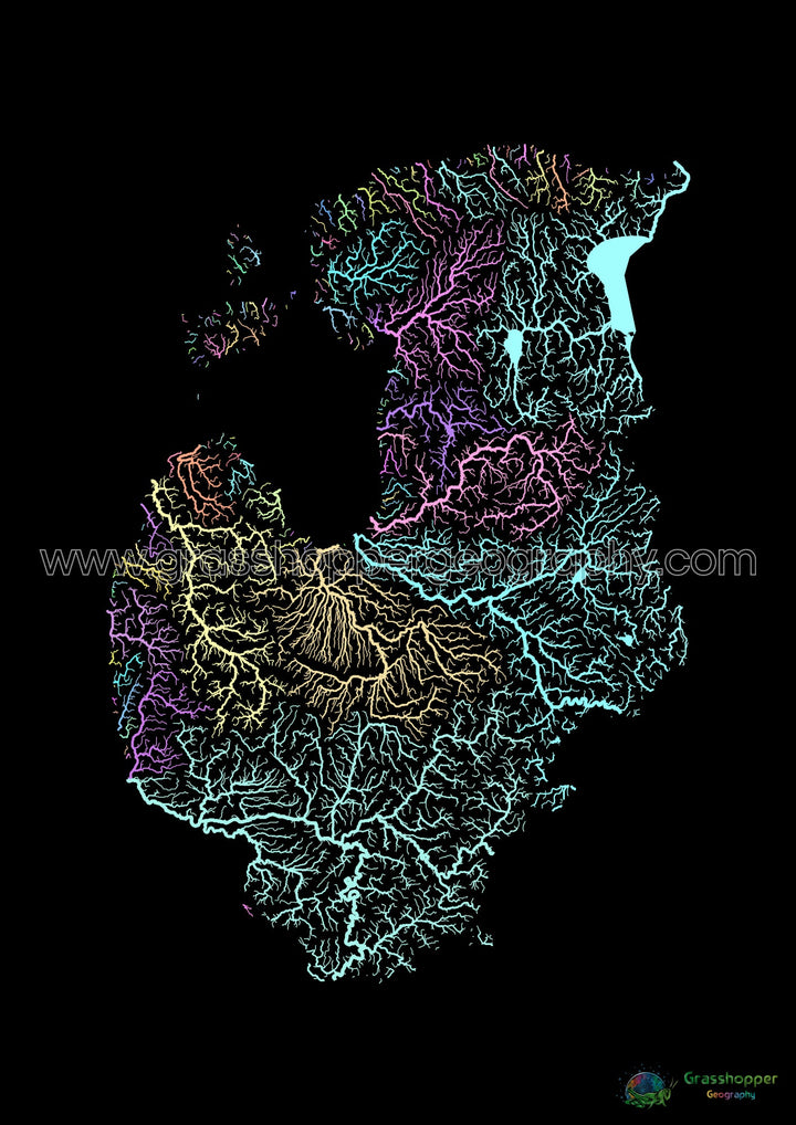 Os Estados Bálticos - Mapa da bacia hidrográfica, pastel sobre preto - Impressão de belas artes