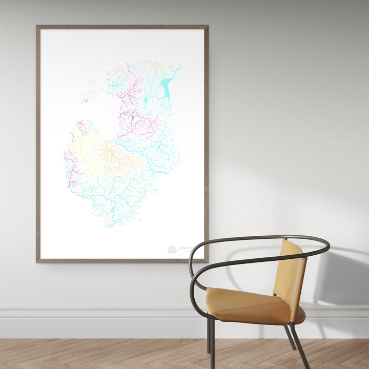 Les États baltes - Carte des bassins fluviaux, pastel sur blanc - Fine Art Print