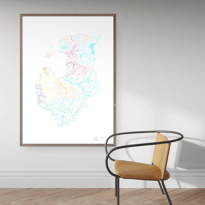 Os Estados Bálticos - Mapa da bacia hidrográfica, pastel sobre branco - Impressão de belas artes