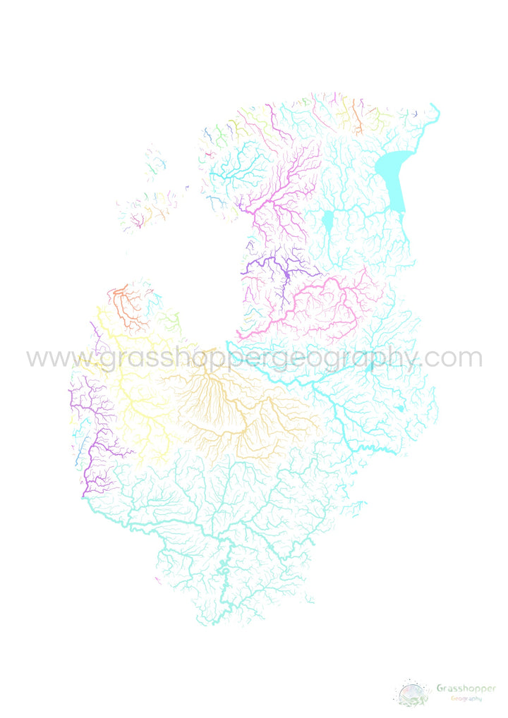 River basin map of the Baltic states, pastel colours on white - Fine Art Print