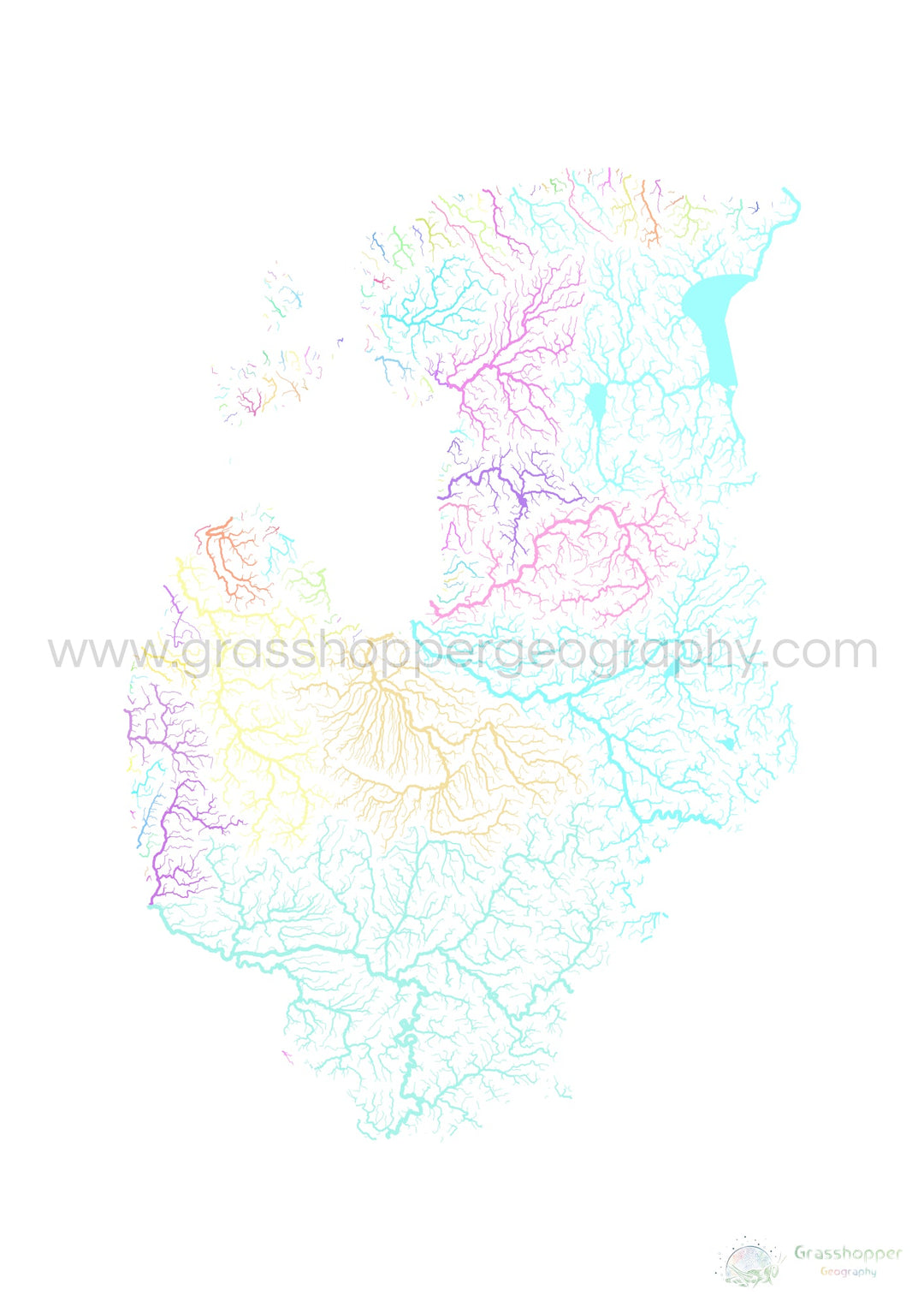 Os Estados Bálticos - Mapa da bacia hidrográfica, pastel sobre branco - Impressão de belas artes
