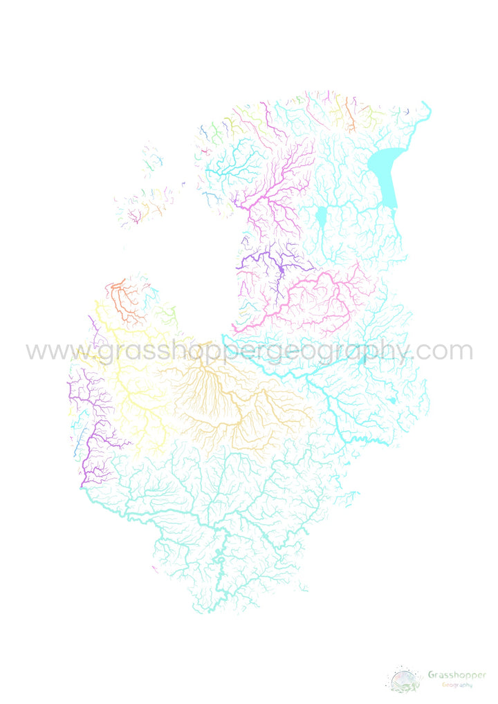 Os Estados Bálticos - Mapa da bacia hidrográfica, pastel sobre branco - Impressão de belas artes