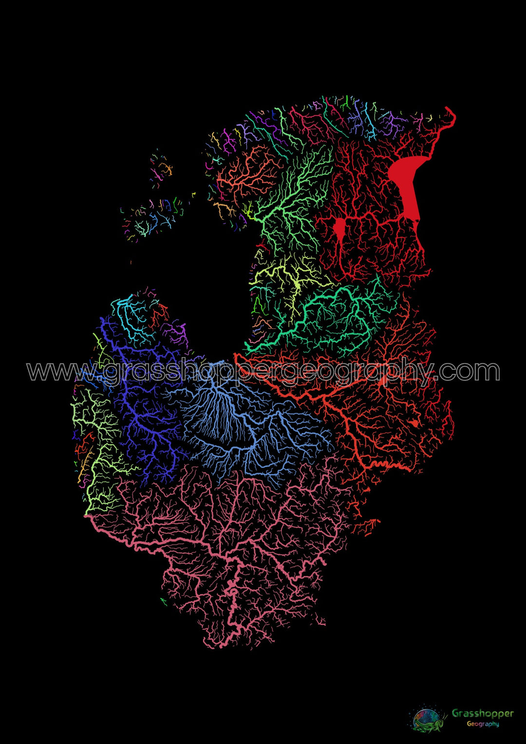 River basin map of the Baltic states, rainbow colours on black - Fine Art Print