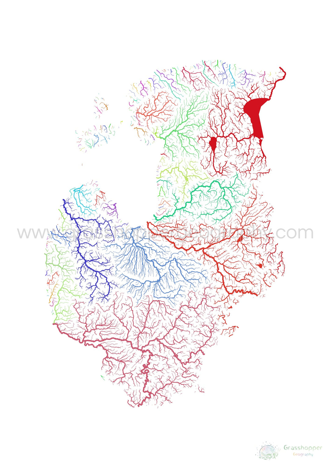 Los Estados bálticos - Mapa de la cuenca fluvial, arco iris sobre blanco - Impresión de bellas artes