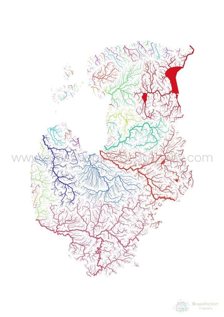 The Baltic states - River basin map, rainbow on white - Fine Art Print