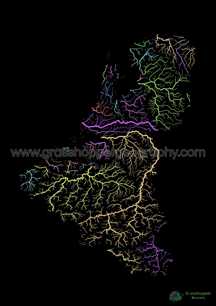 River basin map of the Benelux states, pastel colours on black - Fine Art Print
