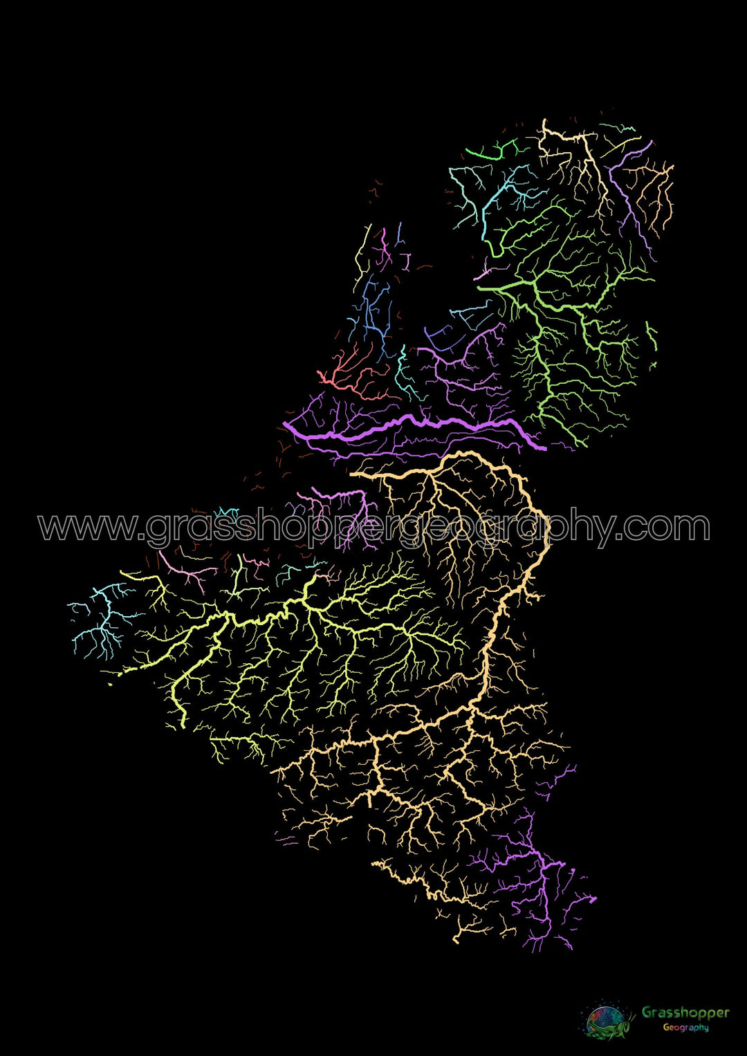 Los estados del Benelux - Mapa de la cuenca fluvial, pastel sobre negro - Impresión de bellas artes