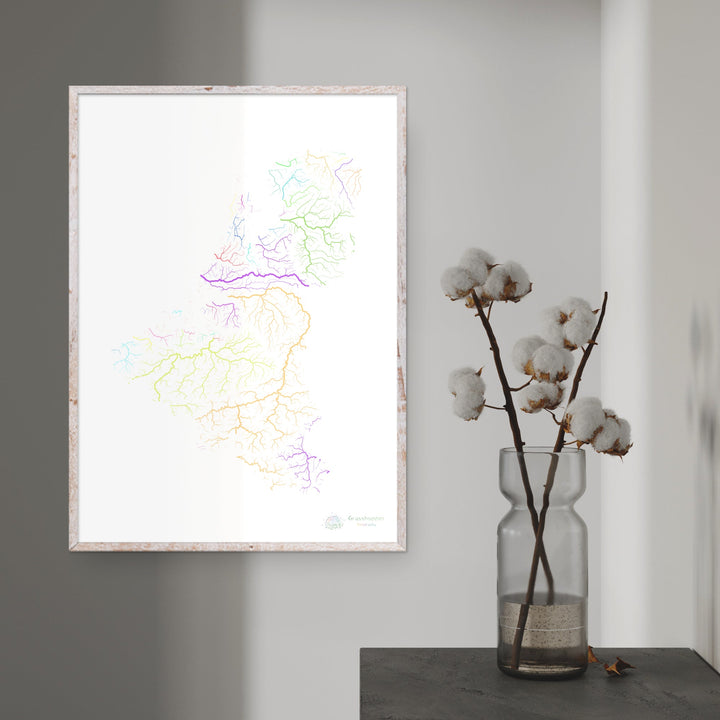 Los estados del Benelux - Mapa de la cuenca fluvial, pastel sobre blanco - Impresión de bellas artes