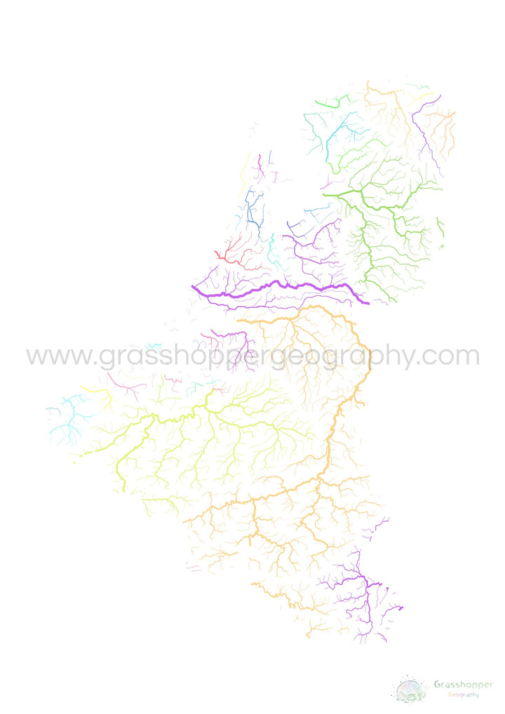 The Benelux states - River basin map, pastel on white - Fine Art Print