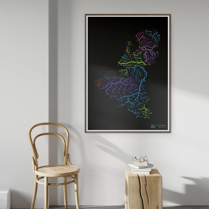 The Benelux states - River basin map, rainbow on black - Fine Art Print