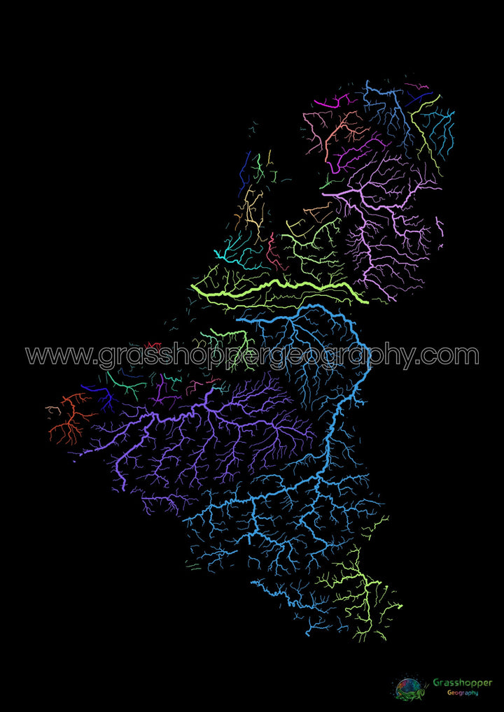 Les États du Benelux - Carte des bassins fluviaux, arc-en-ciel sur noir - Fine Art Print