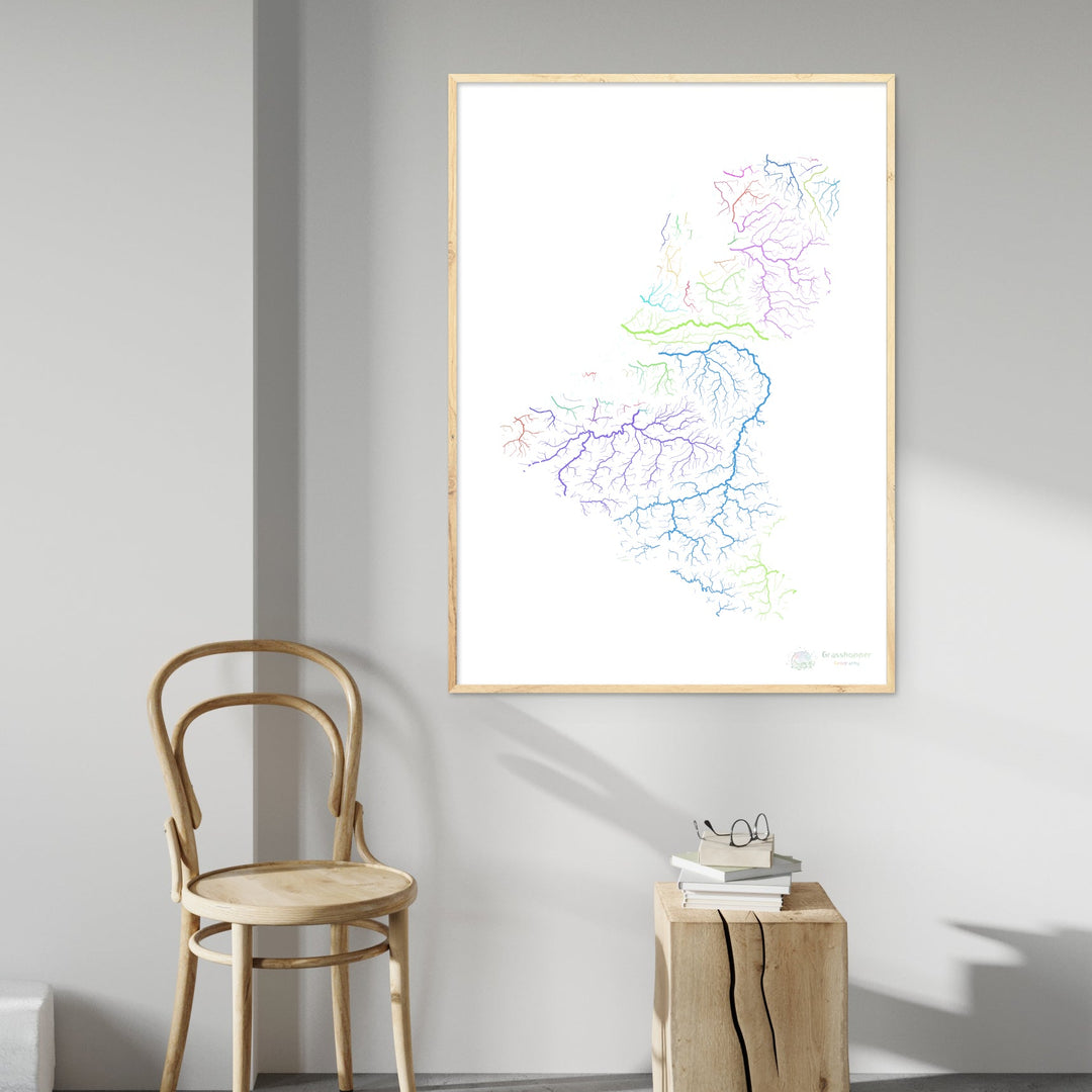 Los estados del Benelux - Mapa de la cuenca fluvial, arco iris sobre blanco - Impresión de bellas artes