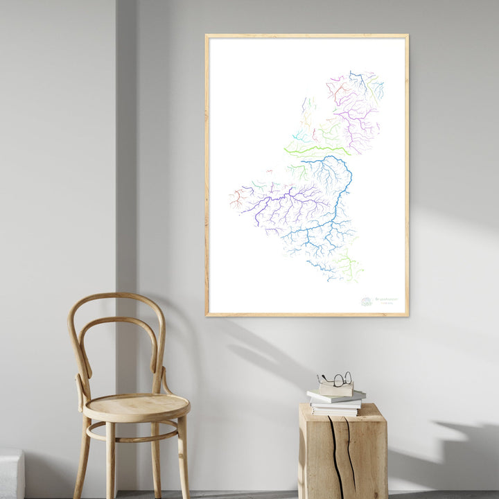 比荷卢三国 - 河流流域地图，白底彩虹 - 美术印刷品