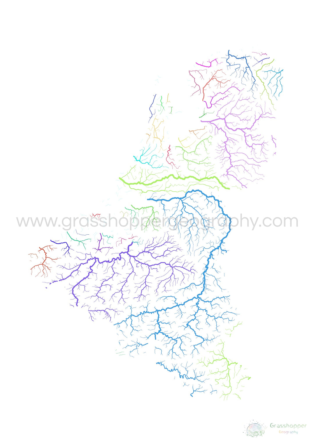 Los estados del Benelux - Mapa de la cuenca fluvial, arco iris sobre blanco - Impresión de bellas artes