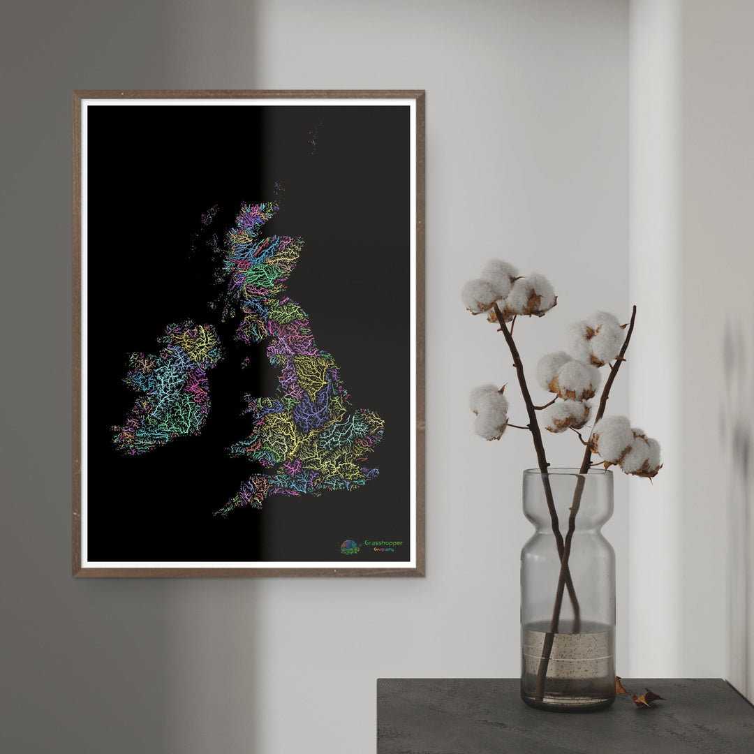 River basin map of the British Isles, pastel colours on black - Fine Art Print